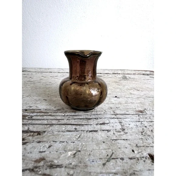 Vintage Hand Blown Amber Glass Mini Pitcher Iridescent Luster Small Bud Vase - Picture 2 of 6